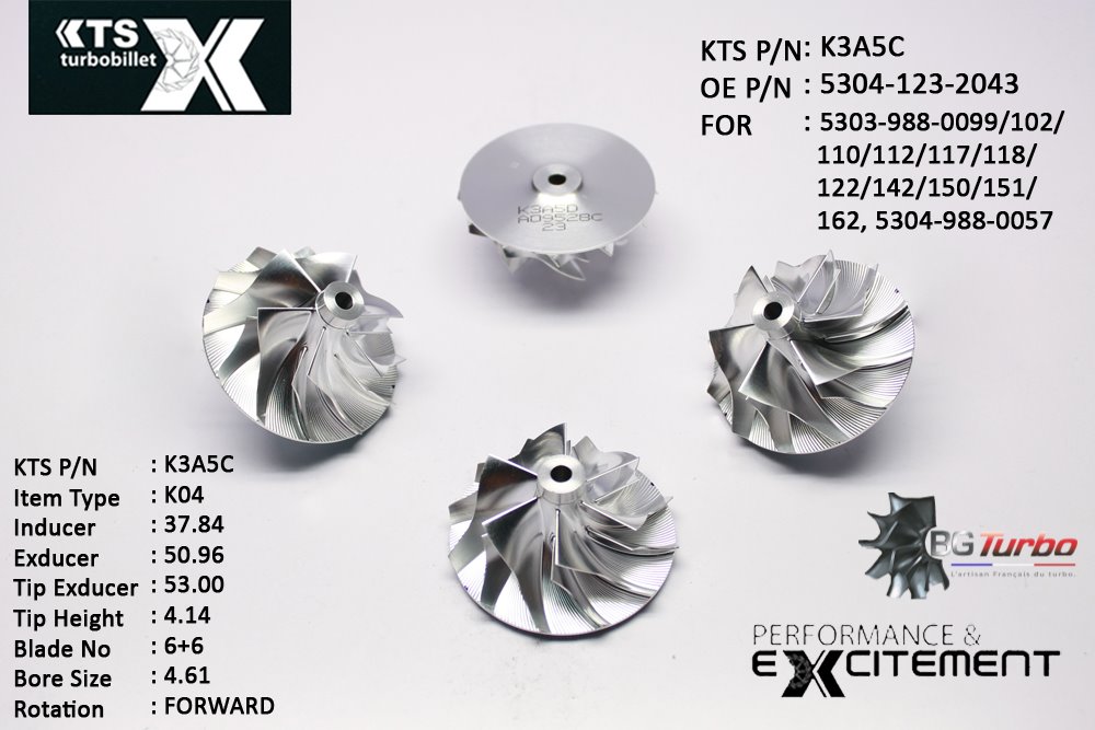 Turbo ROUE FORGÉE MFS PERFORMANCE - 6+6 PALES - INDUCER : 37,84 - EXDUCER : 50,96 - TYPE : K04ANGLE : 50° - ROTATION : Forward - SUPER BACK : 1,8 - BORE SIZE : 4,61
